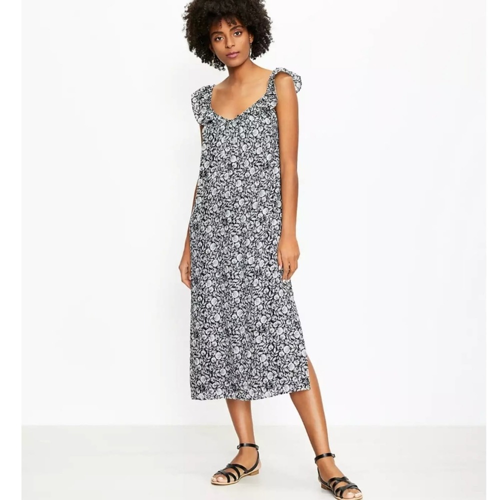 Loft Palm Flutter Strap Pocket Midi Dress Size M Black